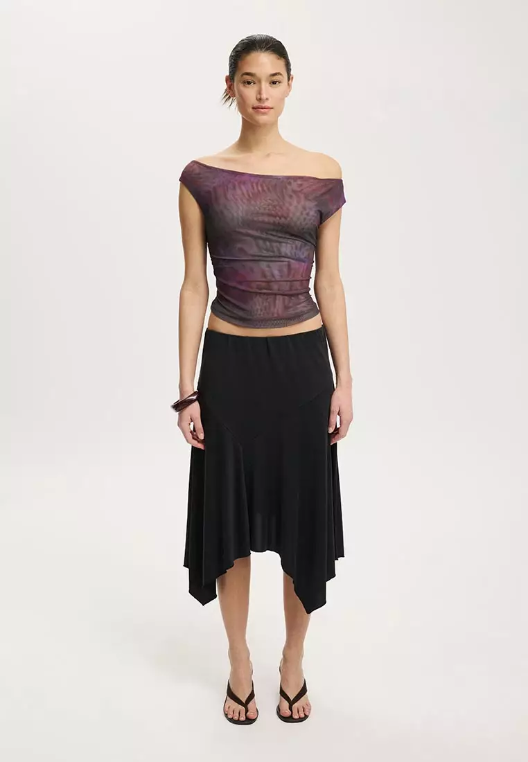 Gathered Mesh Off Shoulder Top