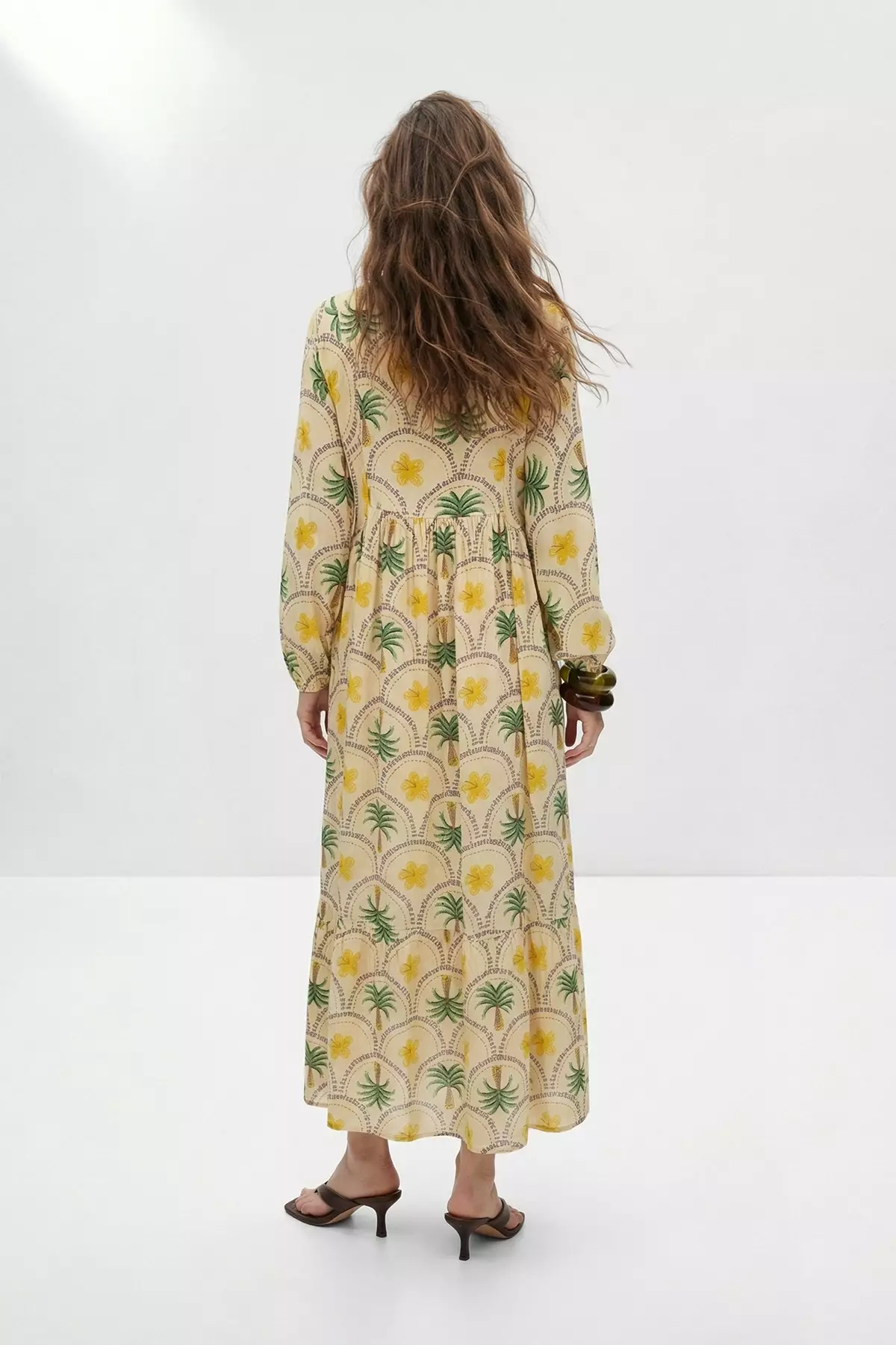 Yellow Viscose Unlined Tropical Patterned Hijab Dress Tctss26Eb00158