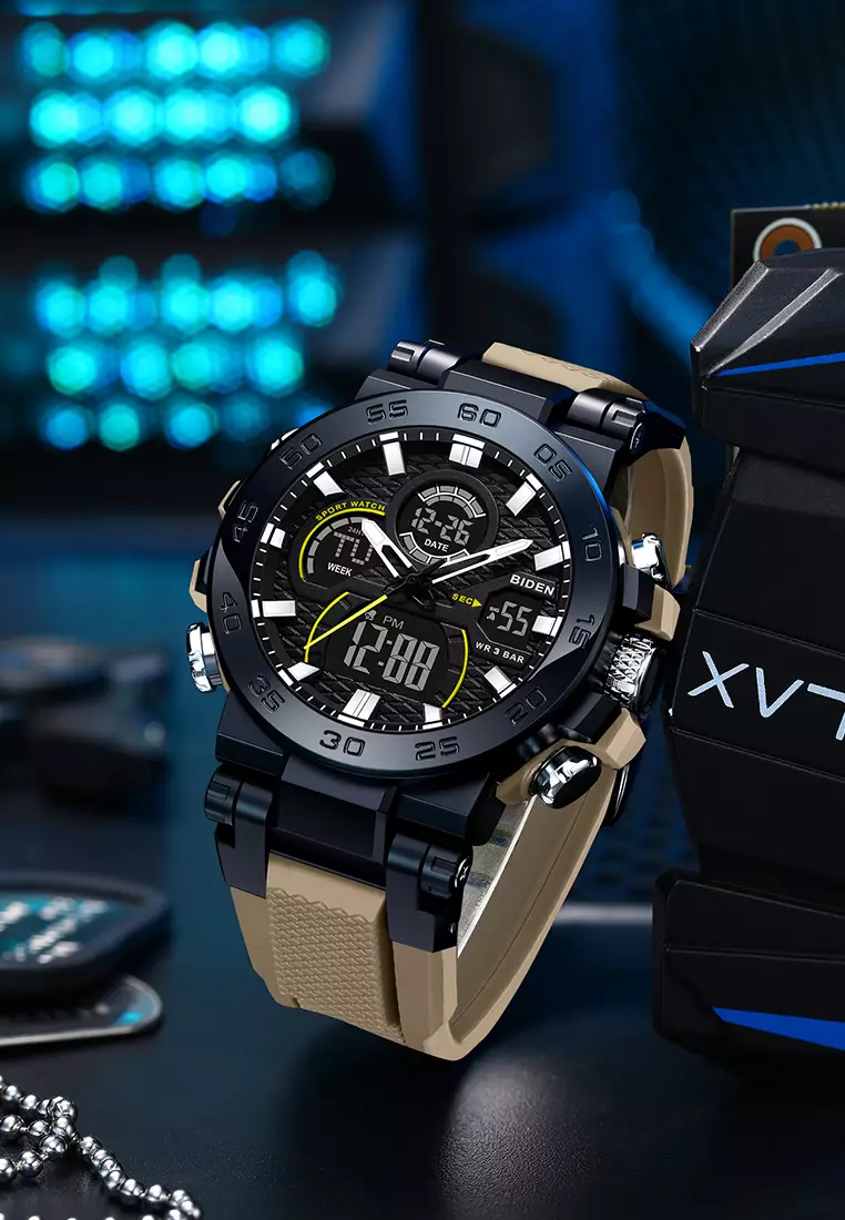 Jam Tangan Pria Original Analog & Digital Multifungsi Olahraga Tali Silikon Anti Air Jam Tangan Cowok Khaki