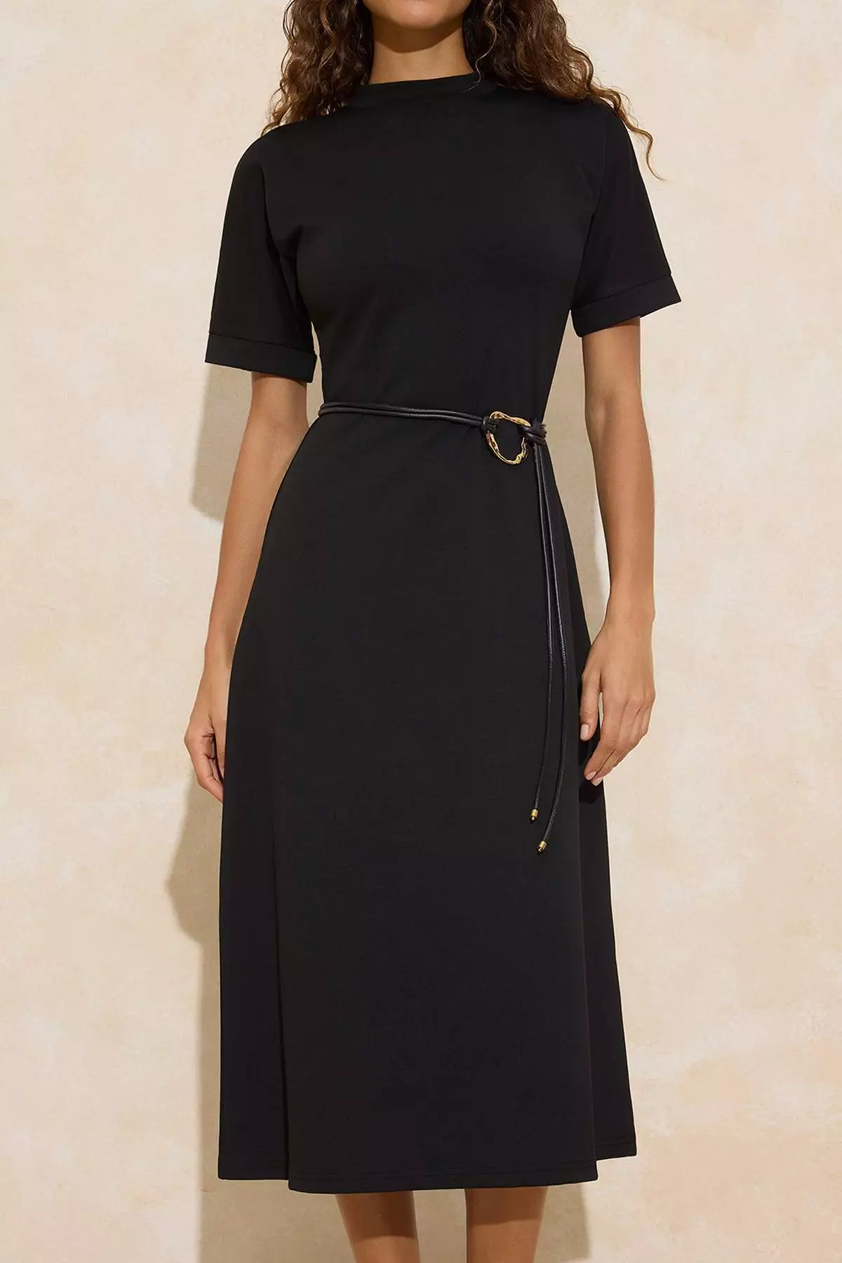 Black A-Line/Bell Form Mock Neck Short Sleeve Belted Midi Interlock Knitted Dress Twoss26El19