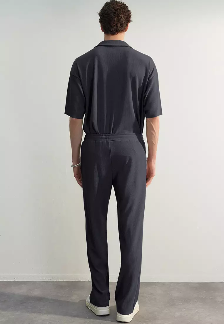 Limited Edition Smoke Oversize/Wide Textured Wrinkle-Free Ottoman Polo Neck T-Shirt TMNSS23PO00020