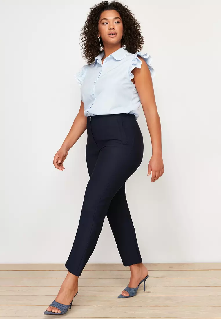 Cigarette Fleto Pocket Plus Size Fabric Trousers