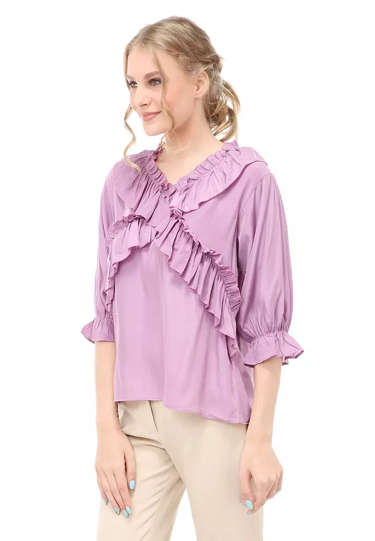 Cheva Blouse Atasan Kasual Wanita Long Sleeve Pita Depan Staylish Material Cotton ORIGINAL - Dark Purple