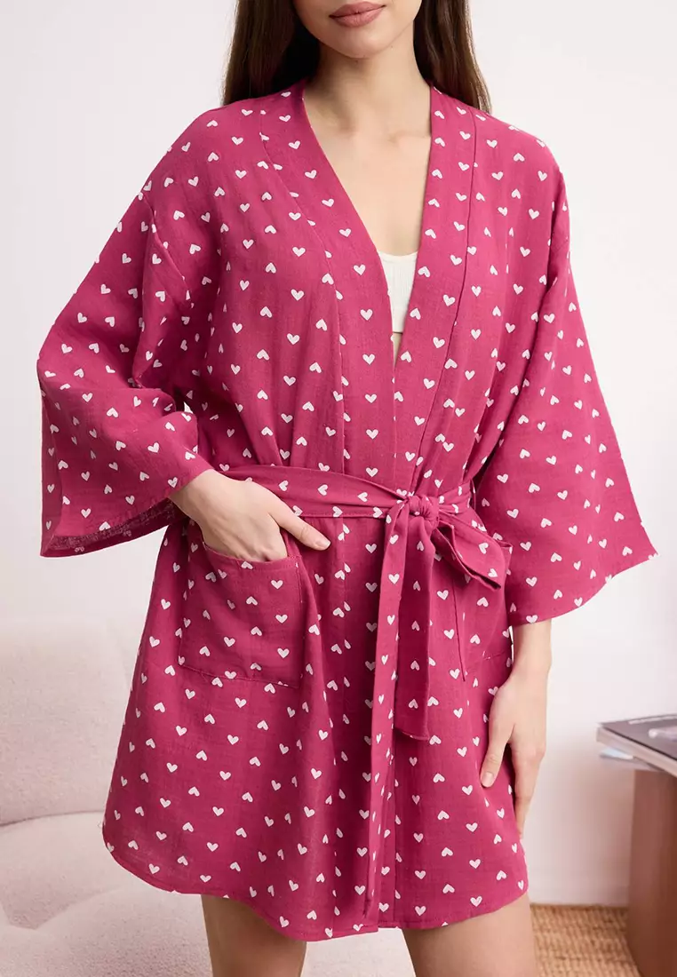 Plum 1% Cotton Heart Belted Muslin Woven Dressing Gown Thmss25Sb