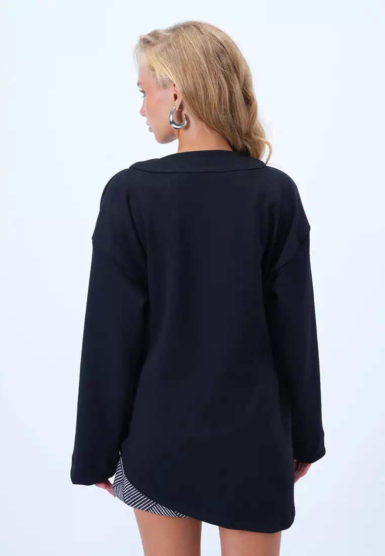 Women's Black Double-Breasted Asymmetric Cut Button Detailed Kimono Jacket Alc-X14411