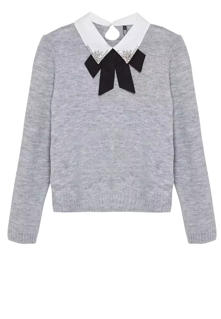Gray Soft Textured Garnished Ribbon/Bow Detailed Stone Knitted Sweater TWOAW25KZ00035