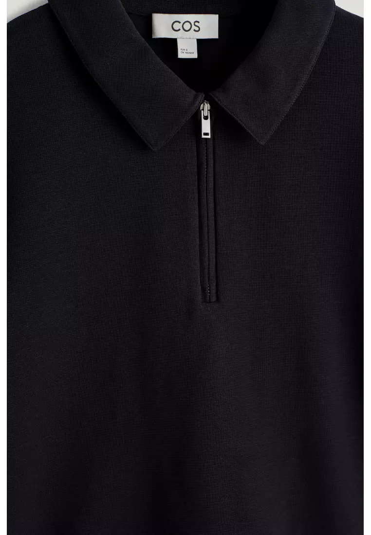 GATHERED JERSEY ZIPPED POLO TOP