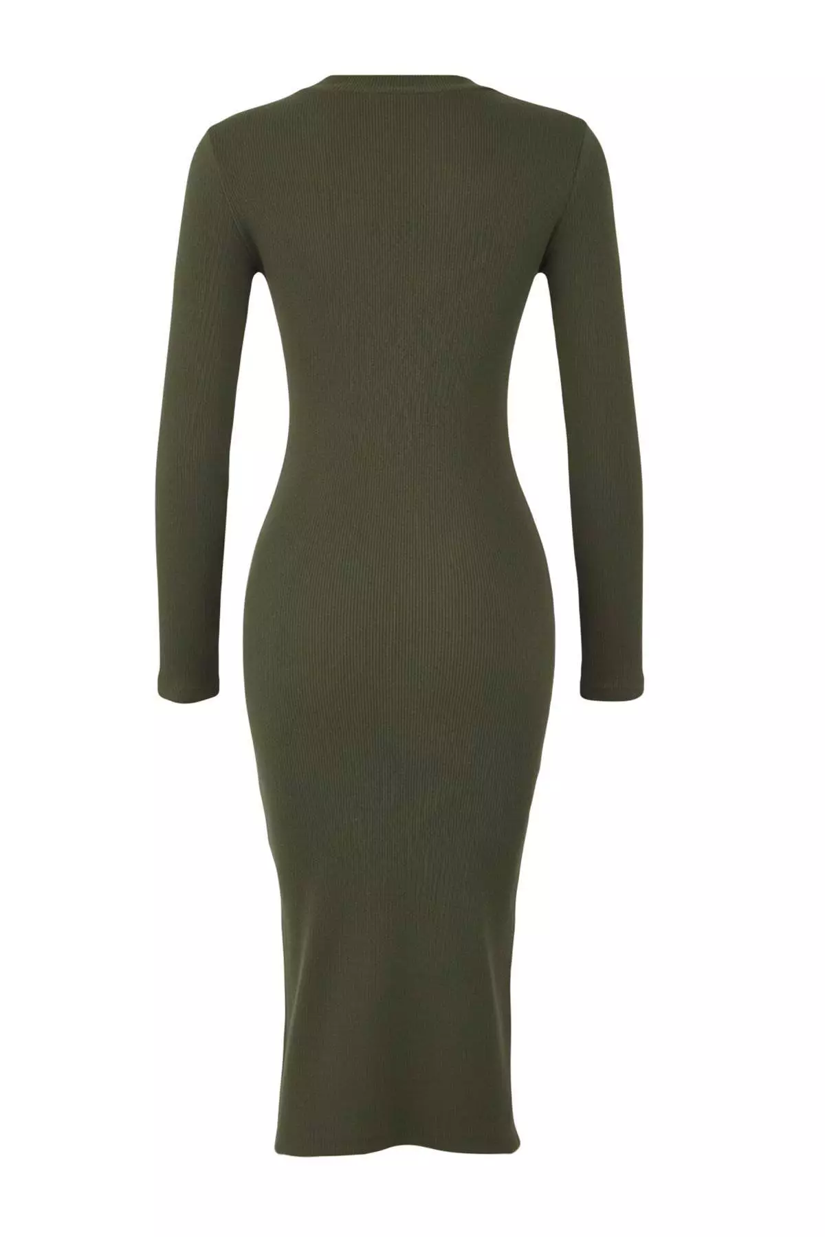 Khaki Body-Styling Slit Crew Neck Midi Ribbed Flexible Knit Pencil Dress Twoaw21El0135