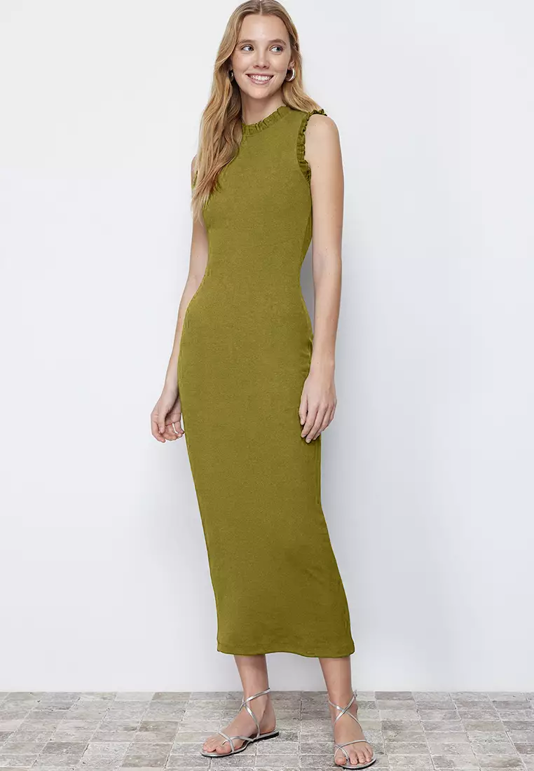 Buy Trendyol Ruffle Detail Fitted Midi Stretch Knit Pencil Dress 2026  Online | ZALORA