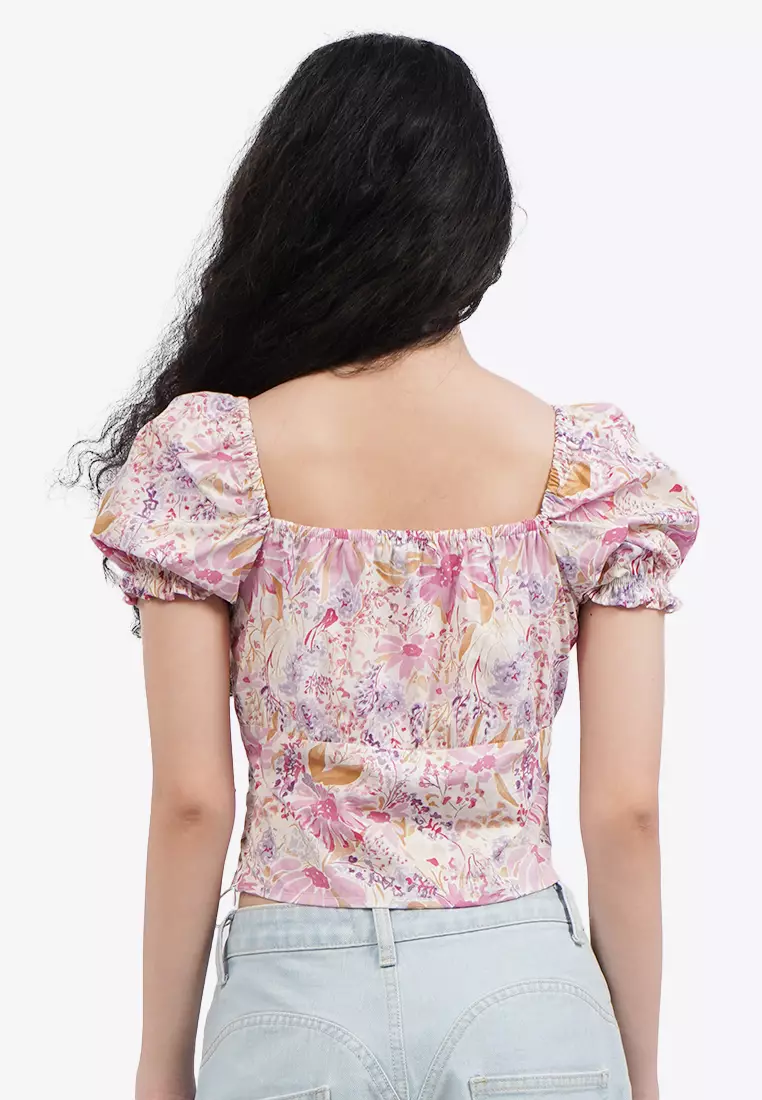Ruched Printed Puff Sleeves Top