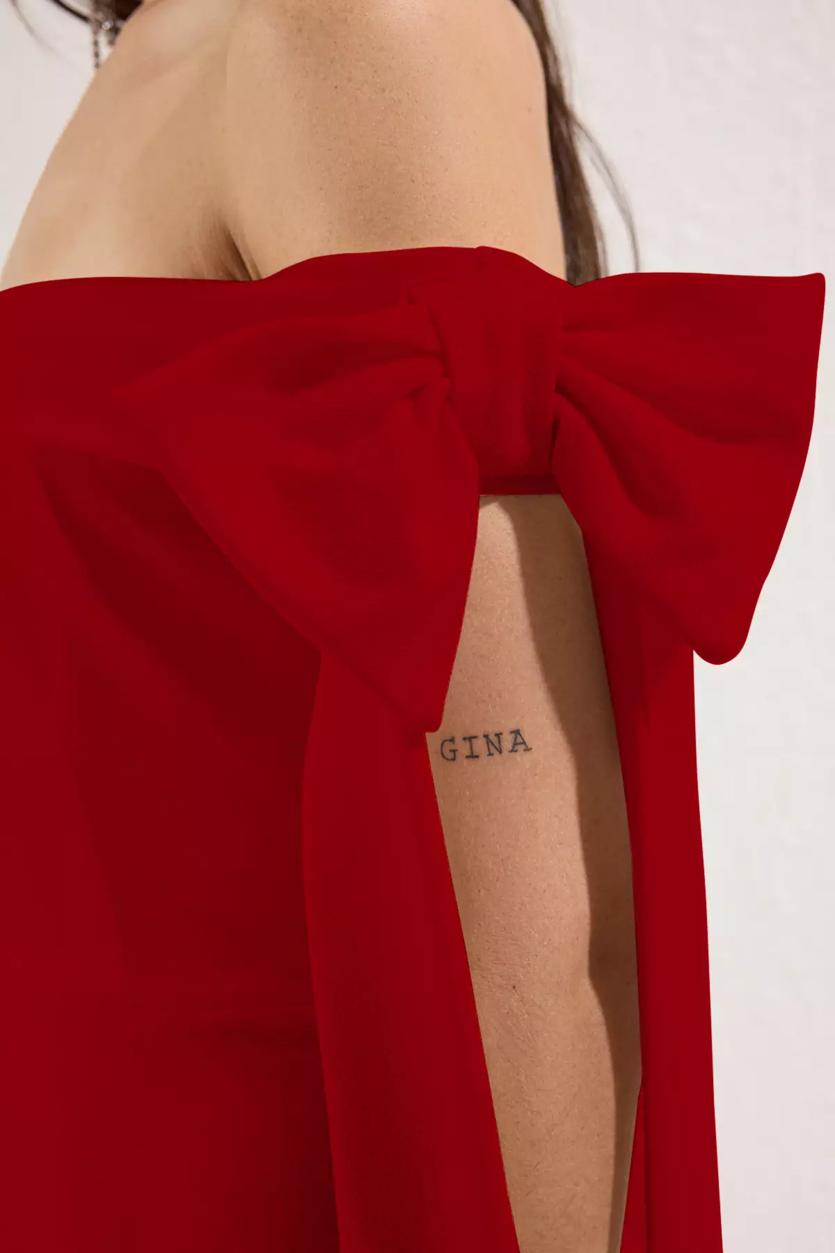 Red Body Fitted Shoulder Bow Detail Knitted Stylish Evening Dress