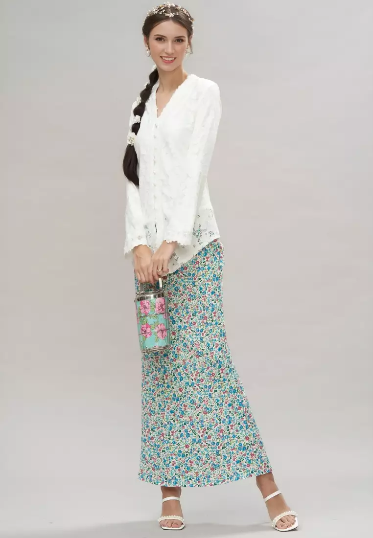 Premium White Applique Lace Kebaya Top & Teal Floral Maxi Skirt Hari Raya