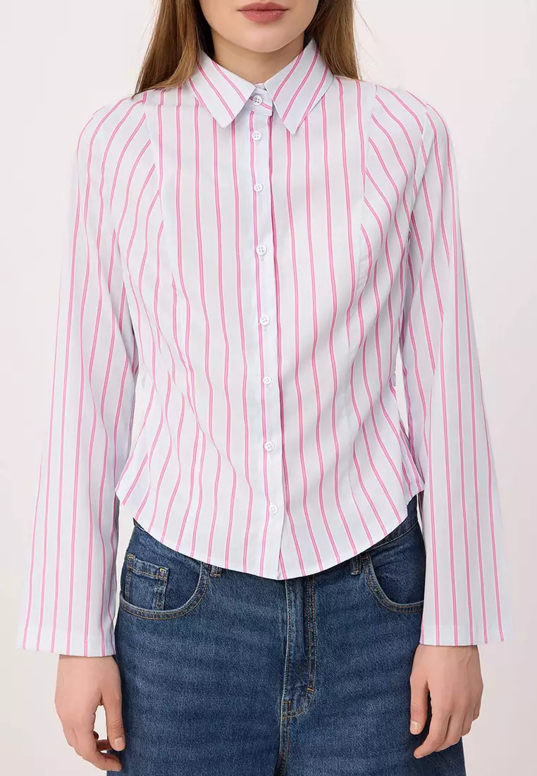 Pink-Blue Striped Waist Adjustable Lightweight Waist-Fitting Wide Sleeves Shirt Twoaw26Go13