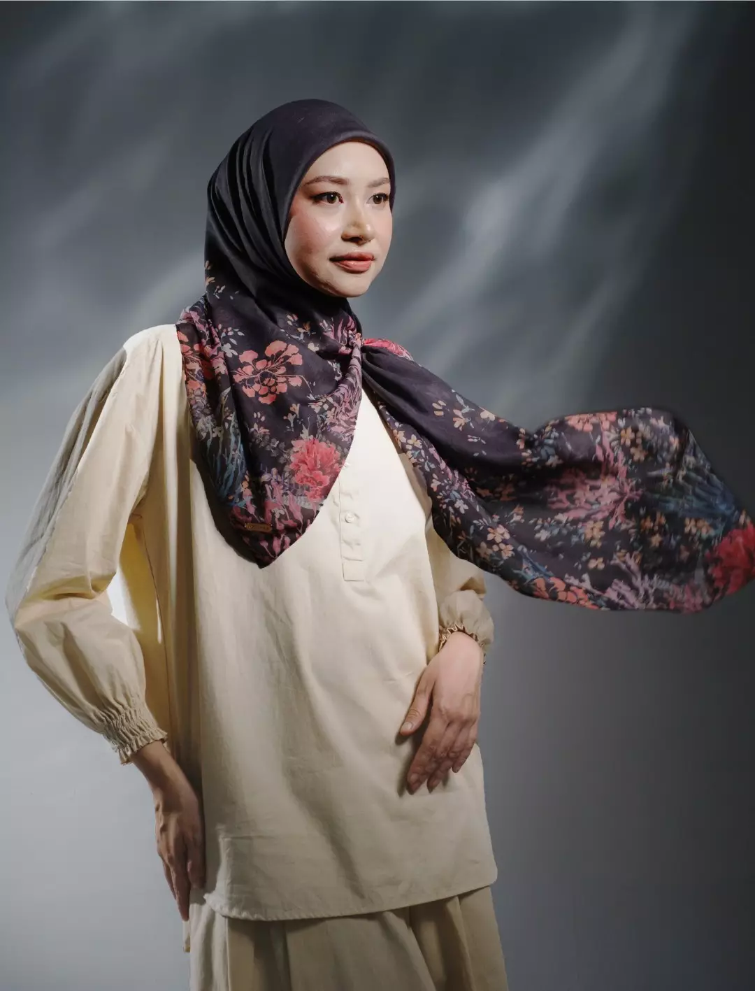 MARINA Scarf Black - Kerudung Hijab Segiempat Motif With BOX - Bahan Voal Premium - Ukuran 115x115