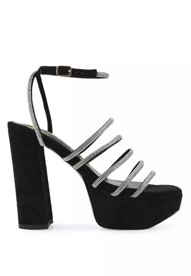 Discount on London Rag  shoes - SKU: Black Snake Skin High Block Heeled Sandals