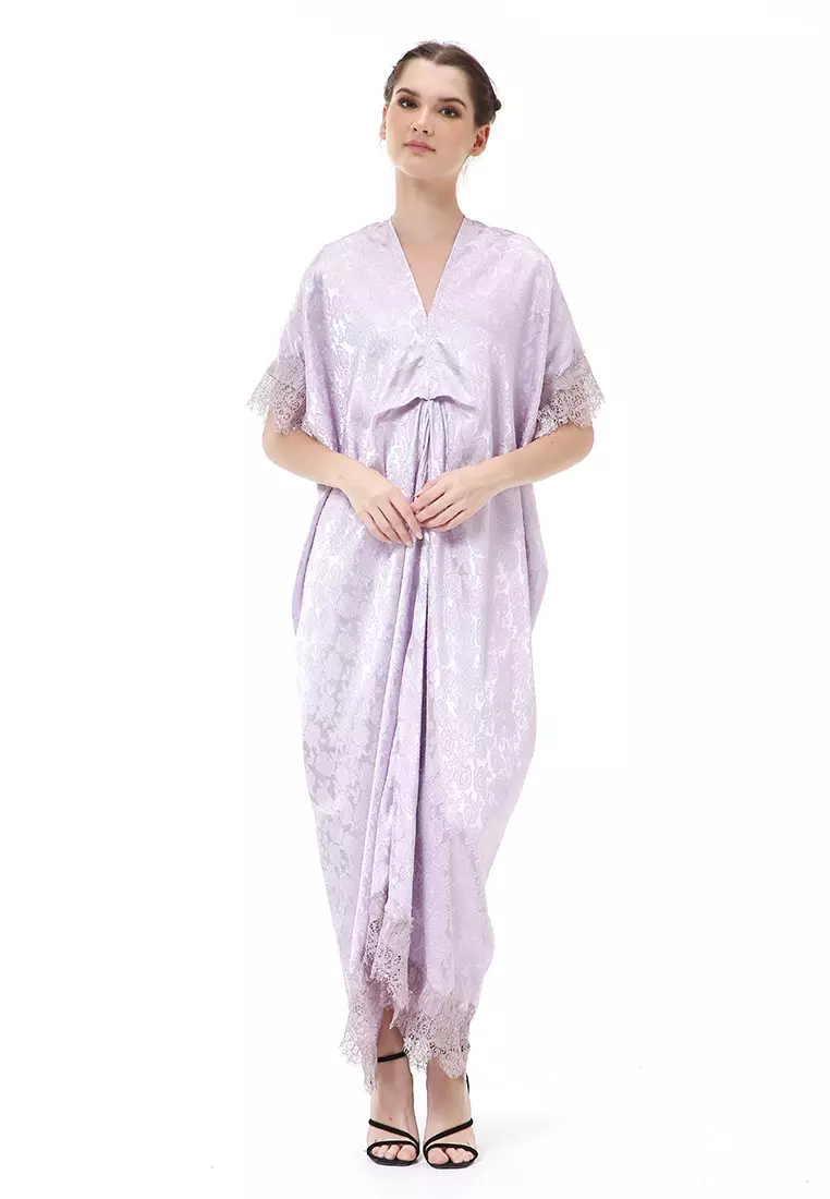 Rachel Dress Wanita Long Kaftan Traditional Motive Material Jaguar ORIGINAL - Lilac