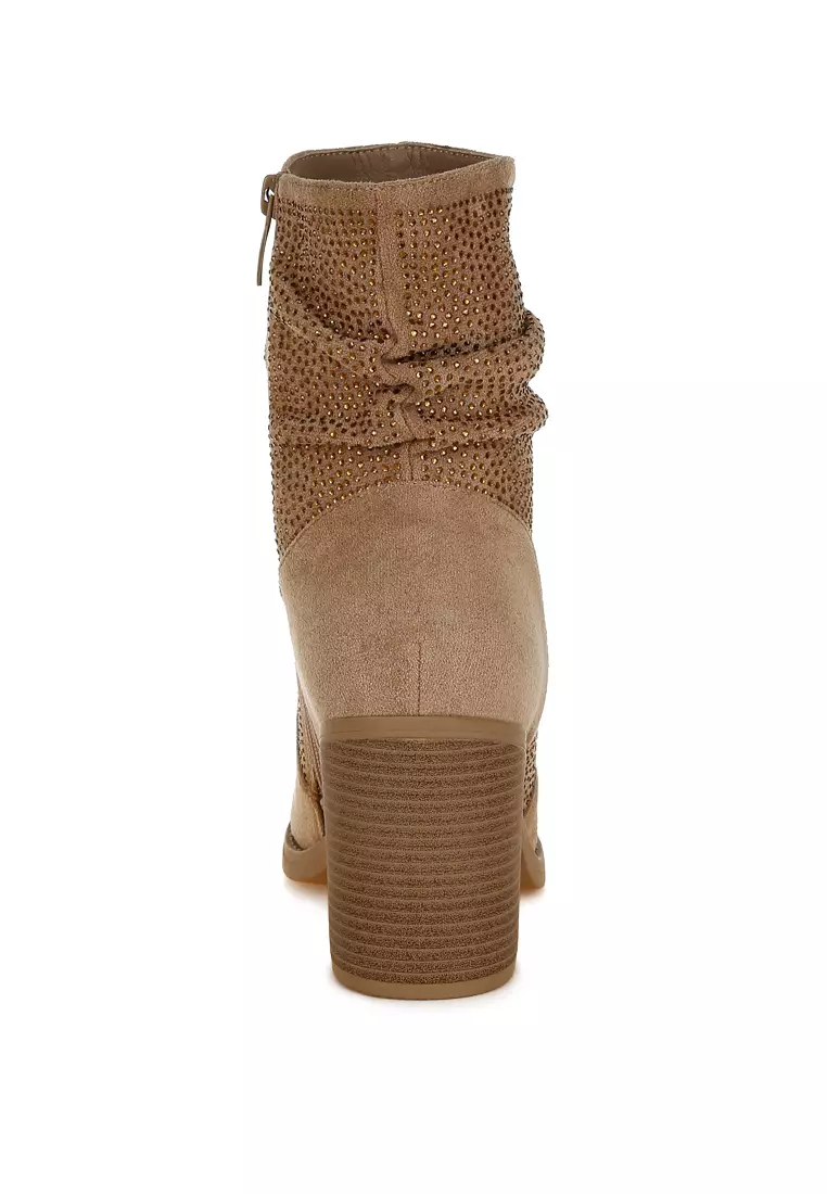 Rhinestone Studded Slouchy Ankle Boots In Beige
