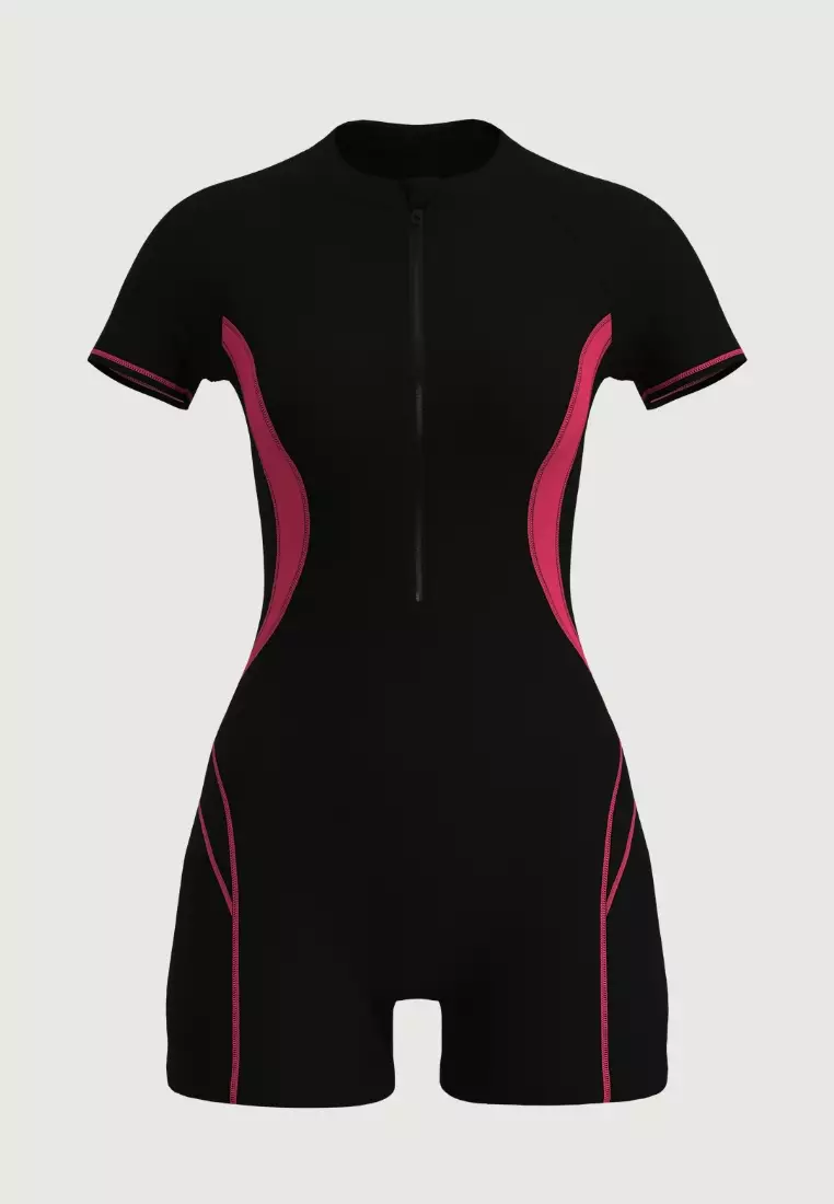 Sports Solid Black Zip Front Short Sleeves Bodysuit