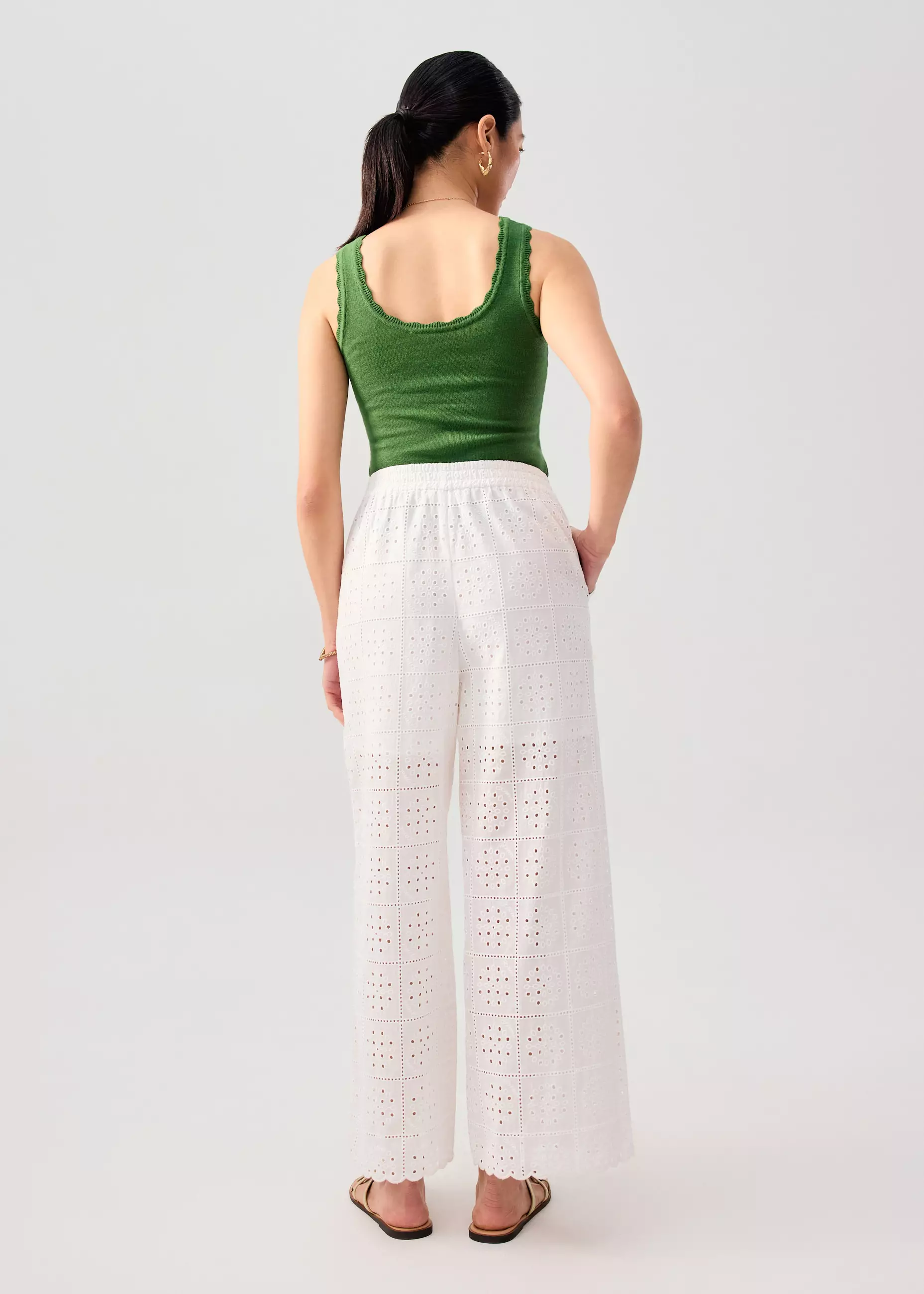 Celana Panjang Wanita - Elastic Cotton Broderie Mid Waist Straight Leg Pants