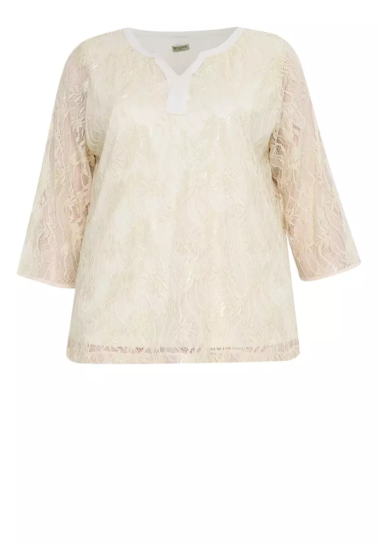 Divina Plus Size Textured Fabric V-neck Decorative Tie Detail Blouse Top