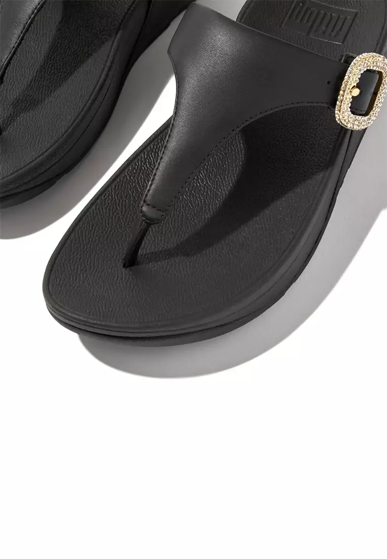FitFlop LULU Crystal-Buckle Leather Toe-Post Sandals - Black (HN9-001)