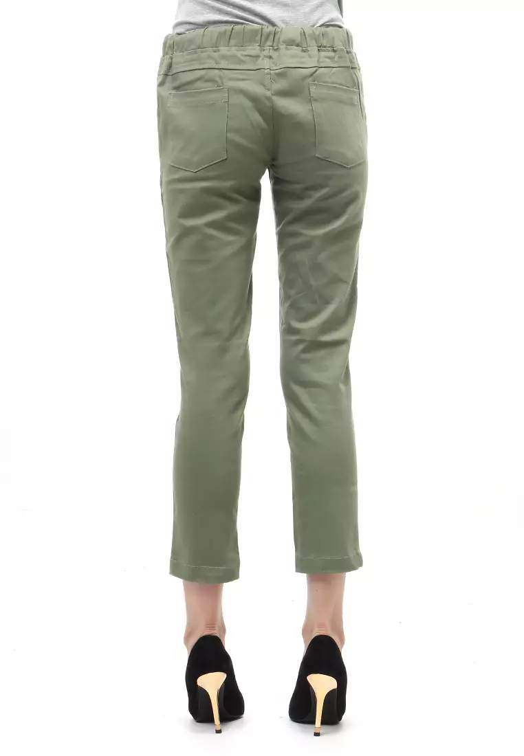 Long Pants Wanita Motif Solid Rubbery Waist Design Casual Regular Fit - Hijau