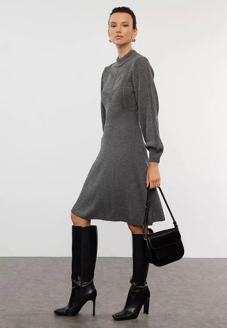 Gray Mini Knitwear Lace Dress Twoaw22El0011