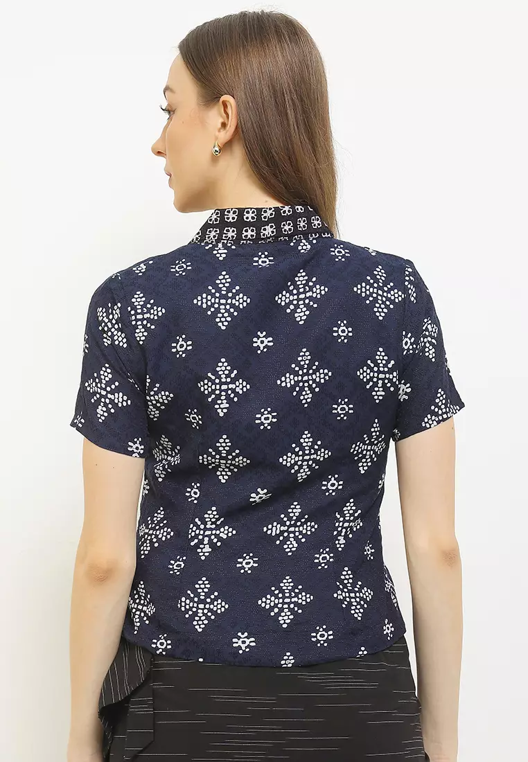 Blouse Kebaya Atasan Wanita Kutubaru Arula Lengan Pendek Navy