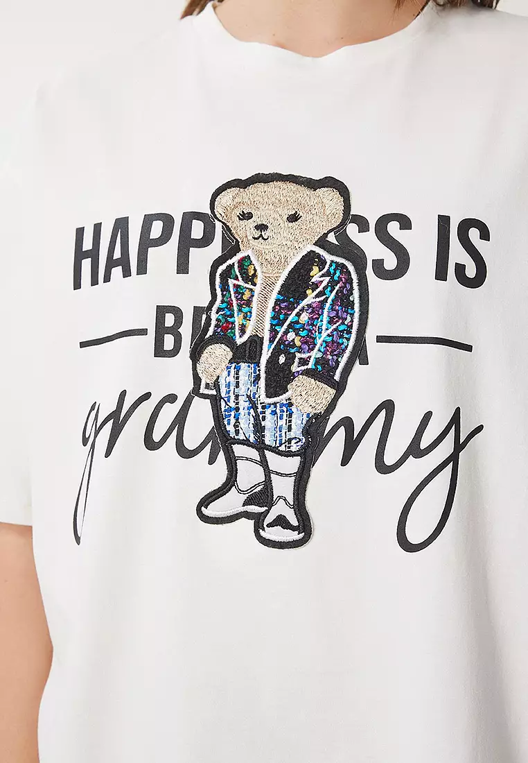 Teddy Bear Crest Cotton Oversize Knitted T-Shirt