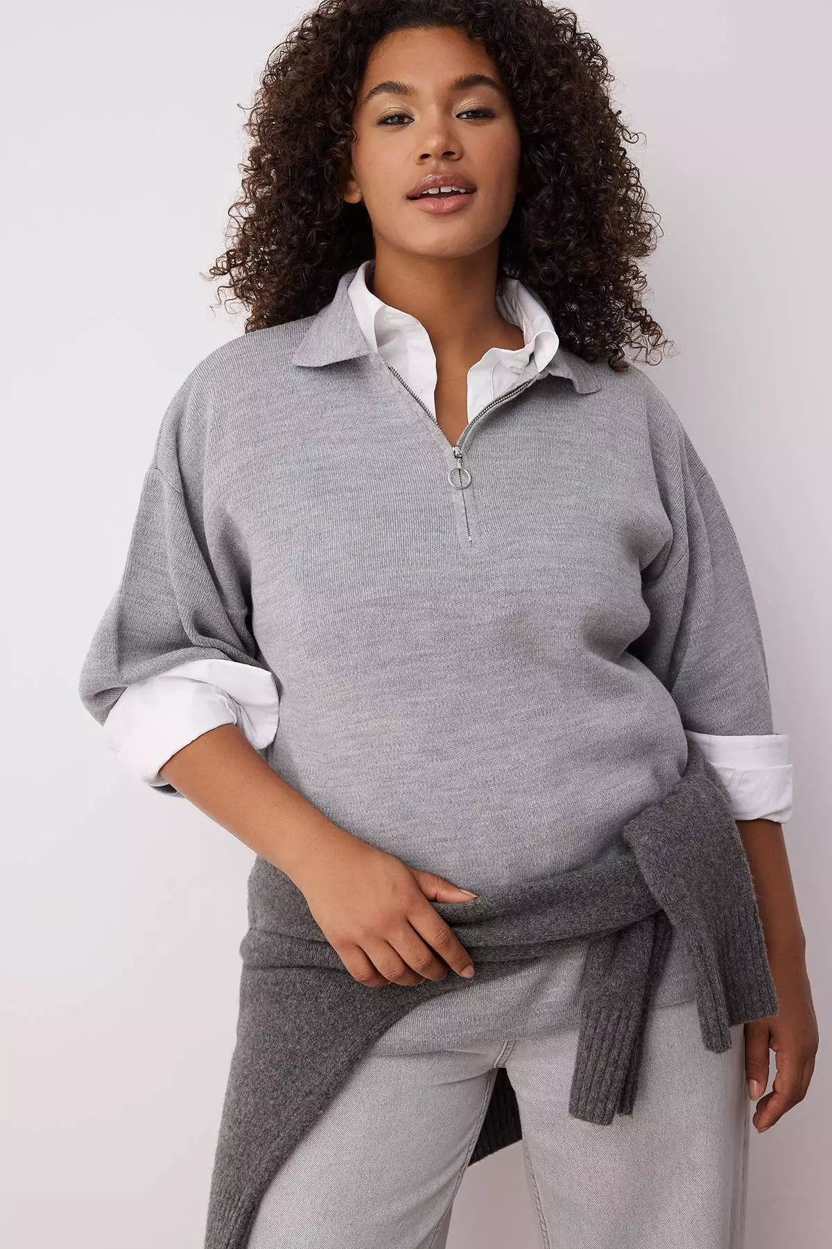 Gray Polo Collar Zipper Detailed Knitwear Sweater Tbbaw23An00056