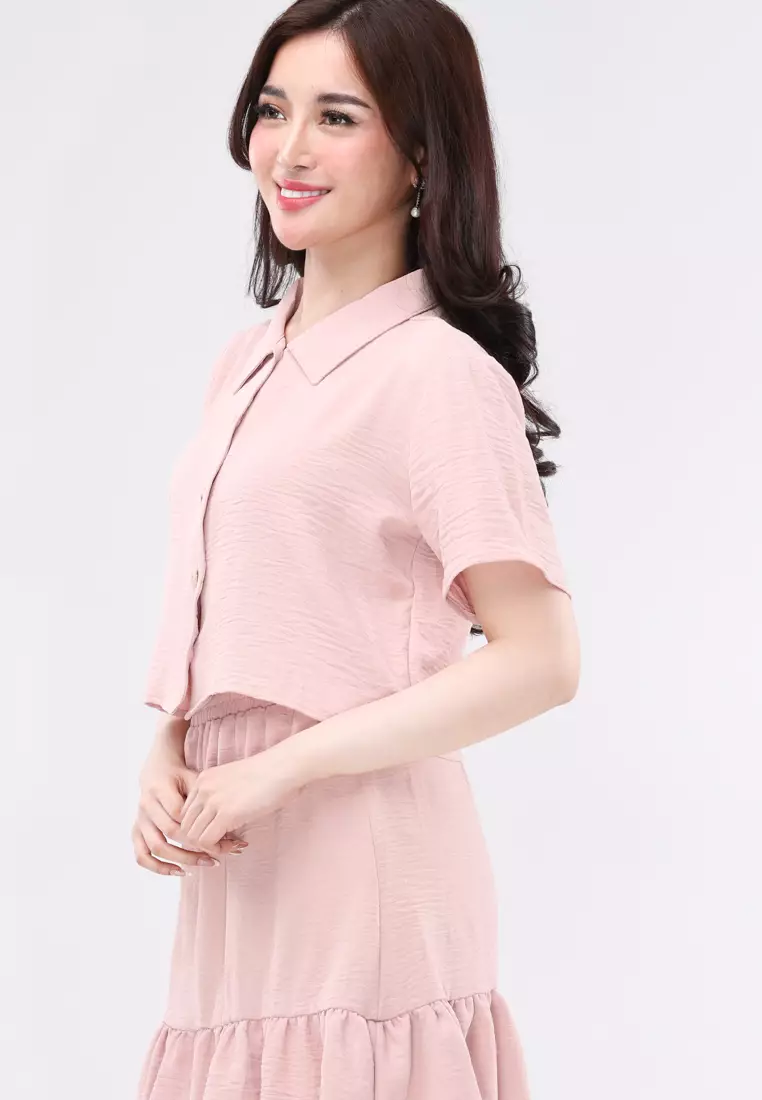 Linen Wrinkles Short Sleeves Blouse/Skirt