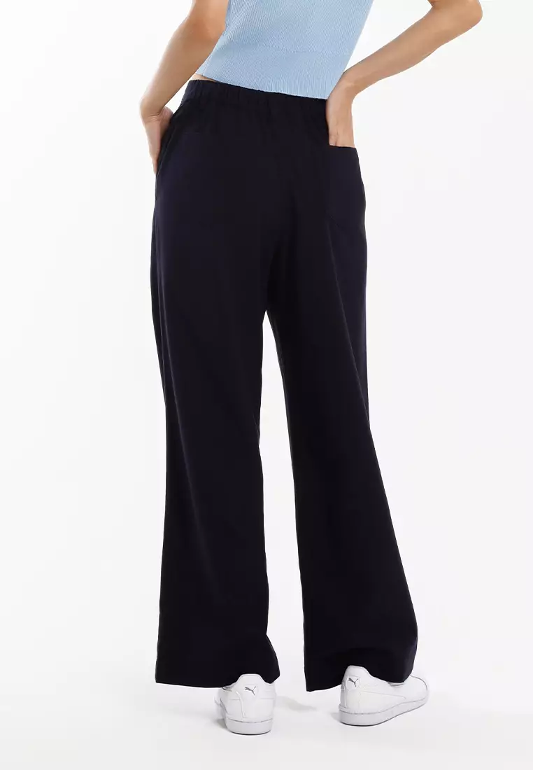 Forest Ladies Cotton Linen Blend Elastic Waisted Wide Leg Pants Women Long Pants - 810547-30DkBlue