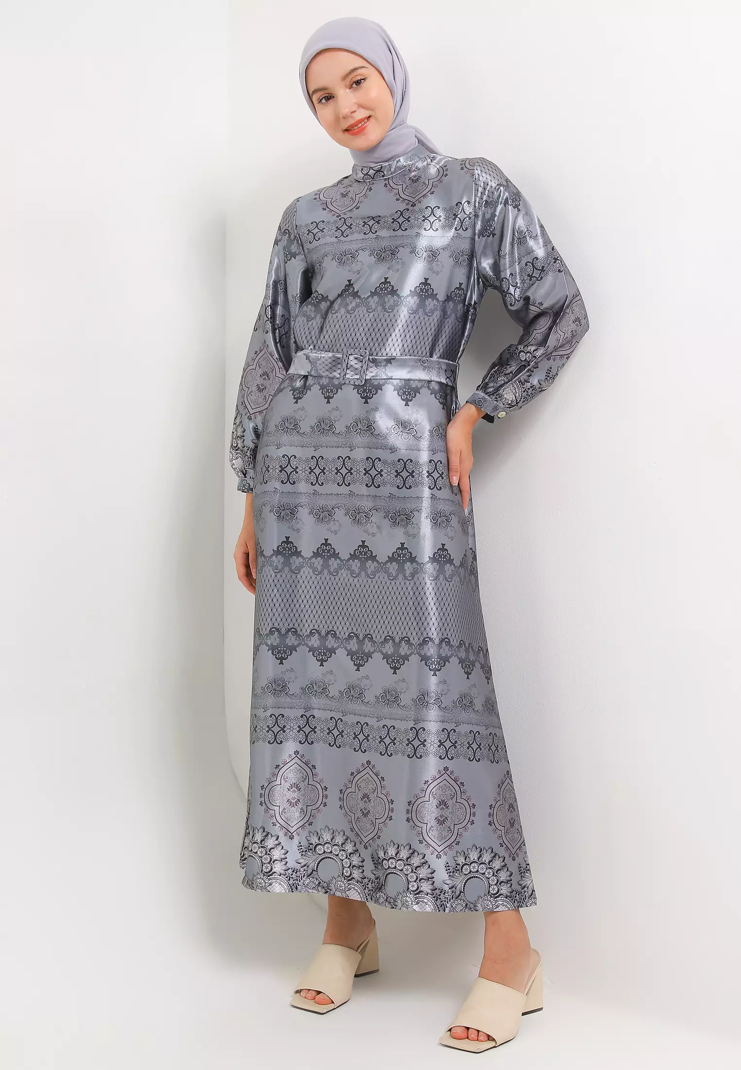 MFMW Jemimma Dress Gamis Satin Grey Motif