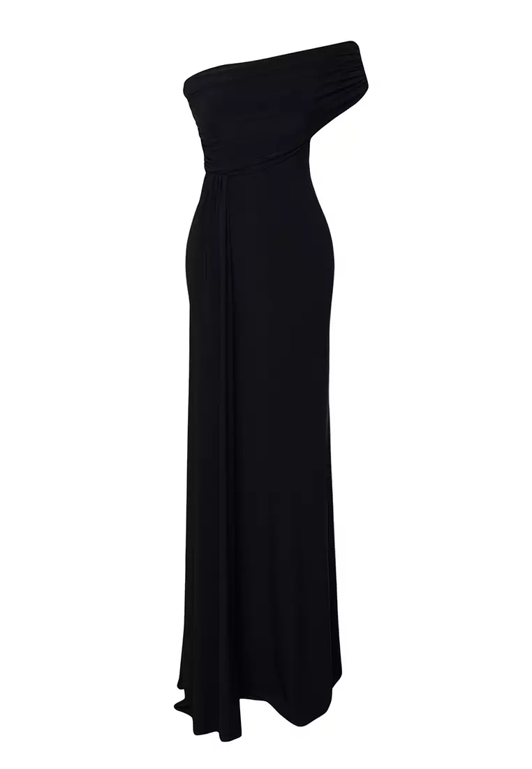 Black Asymmetric Neckline Long Evening Dress Graduation Christmas Dress