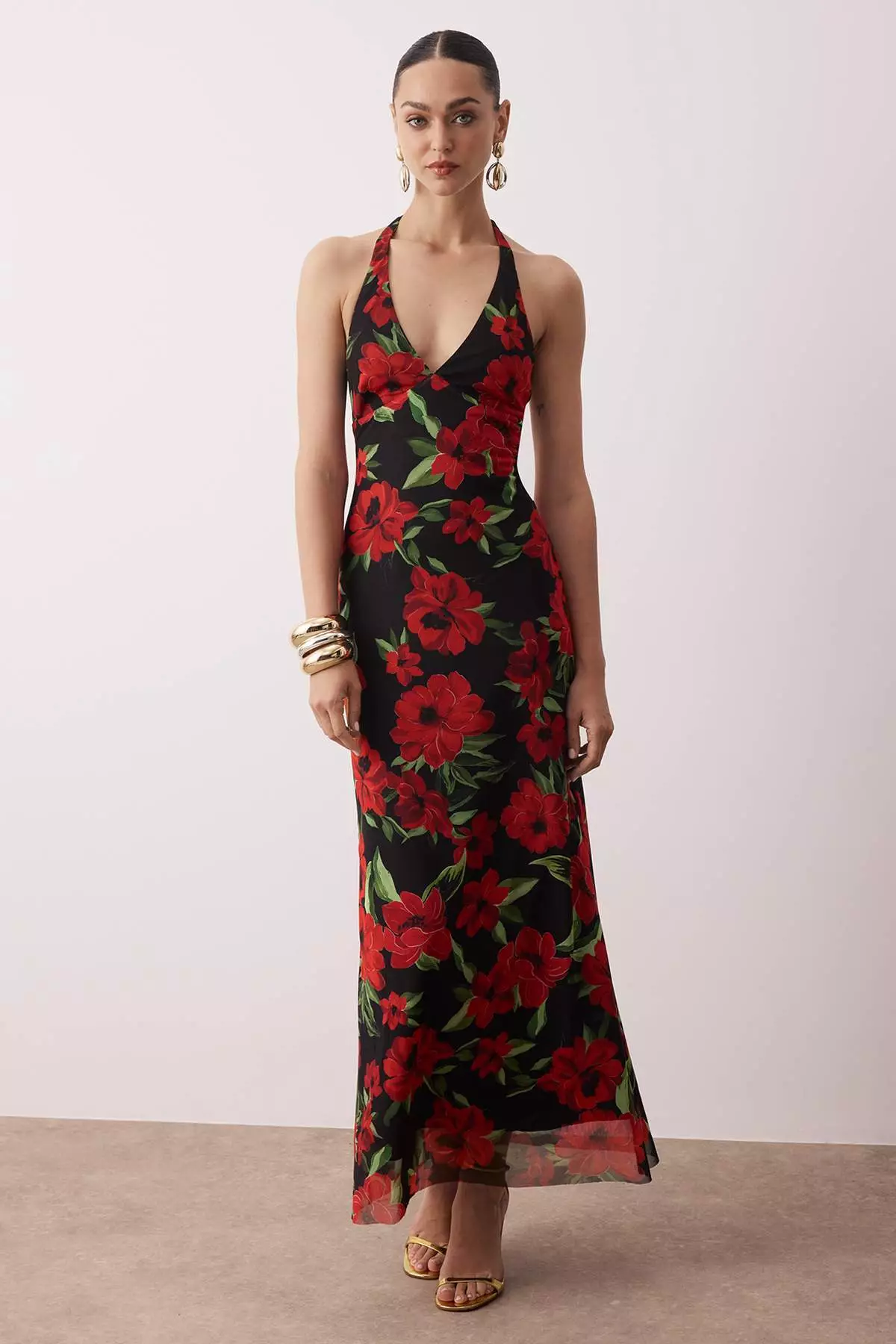 Red Multicolor Lined Tulle Evening Dress