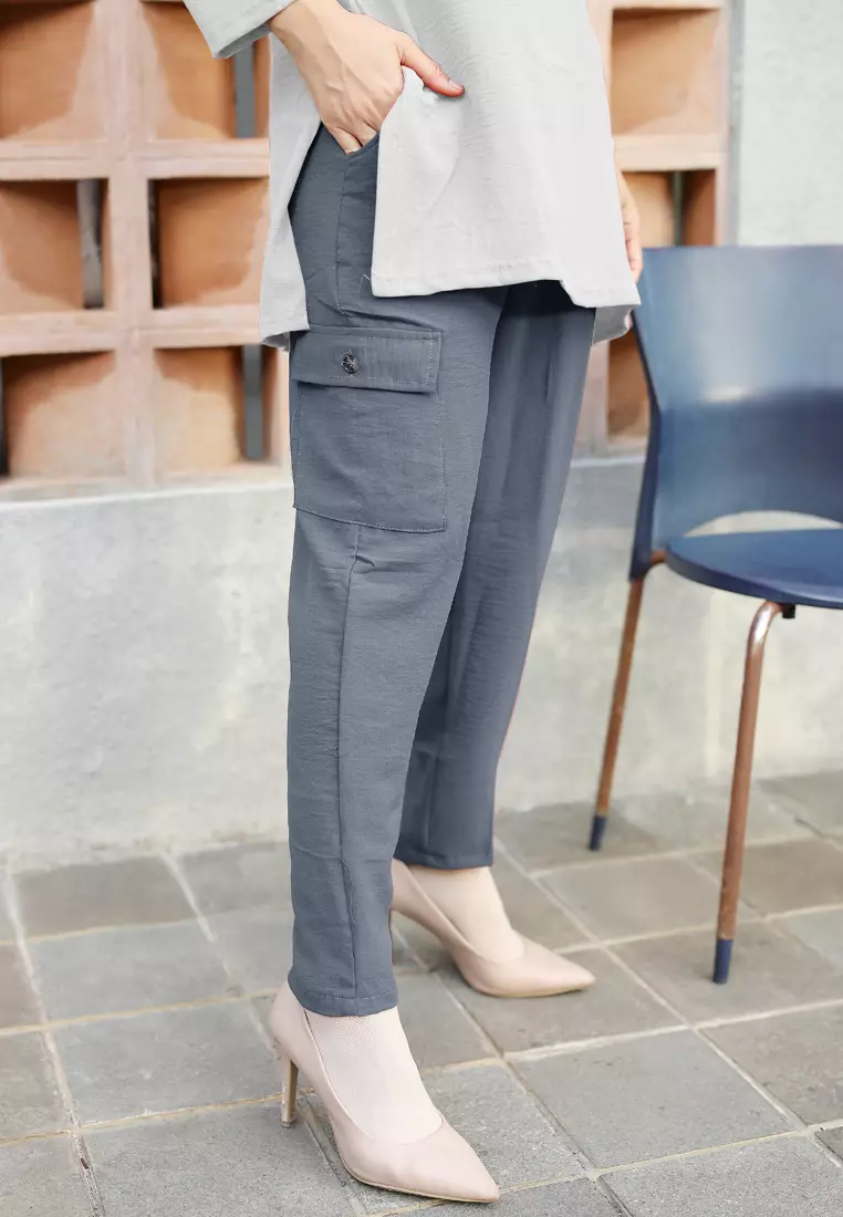 Cotton Bee - Tirana Pants | Celana Wide Legs Wanita | Kulot Basic Pocket - Smoke Grey