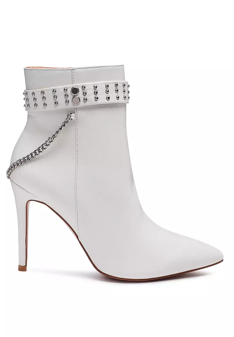 Faux Leather Stud Strap Detail Stiletto Boot in White