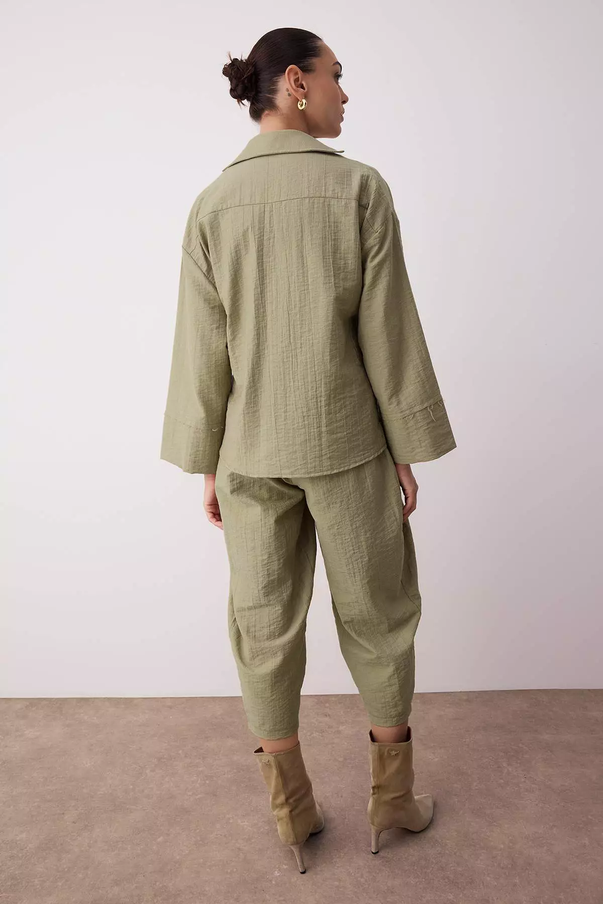 Khaki Double Breasted Kimono Pants Woven Bottom - Top Set Twoaw26Au67