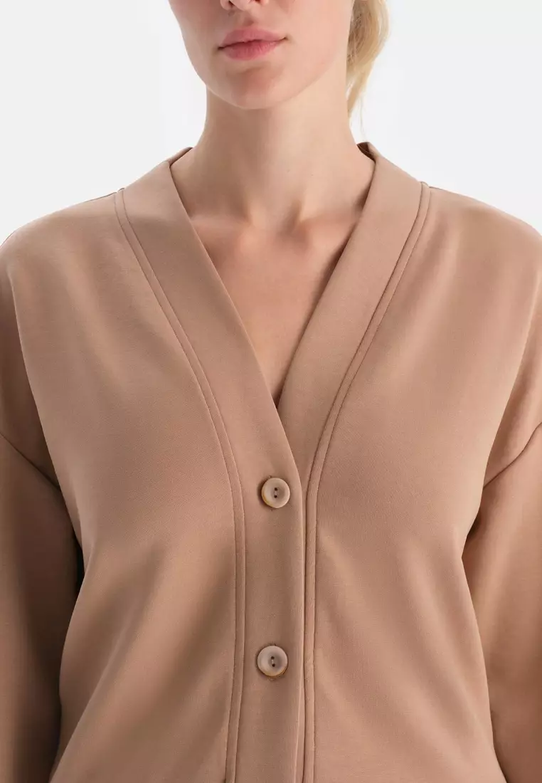 Light Brown Vest, V-Neck, Regular Fit, Long Sleeve Loungewear for Women