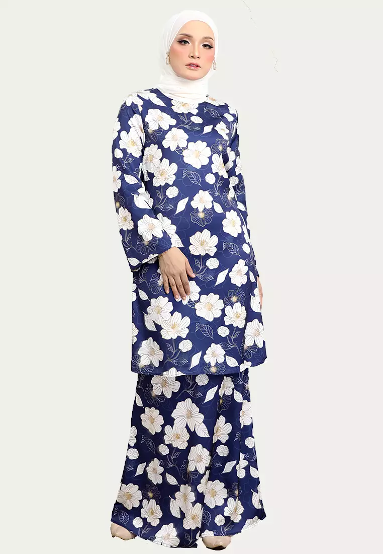 Silky Golden Camelia Floral Baju Kurung Moden in Dark Blue Base