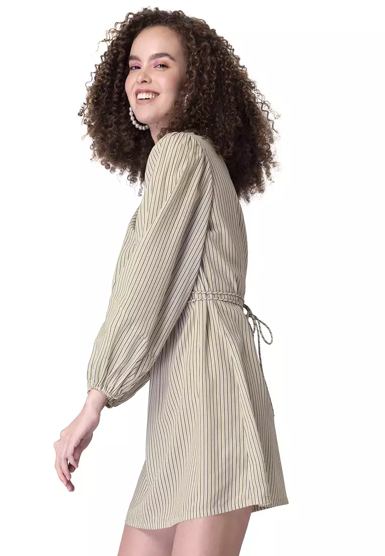 Beige Striped Ruched Self Tie Dress