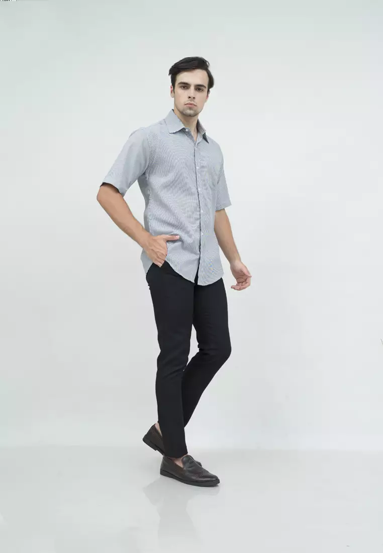 Kemeja slim fit lengan pendek pria kerja Hitam Houndstooth houseofcuff