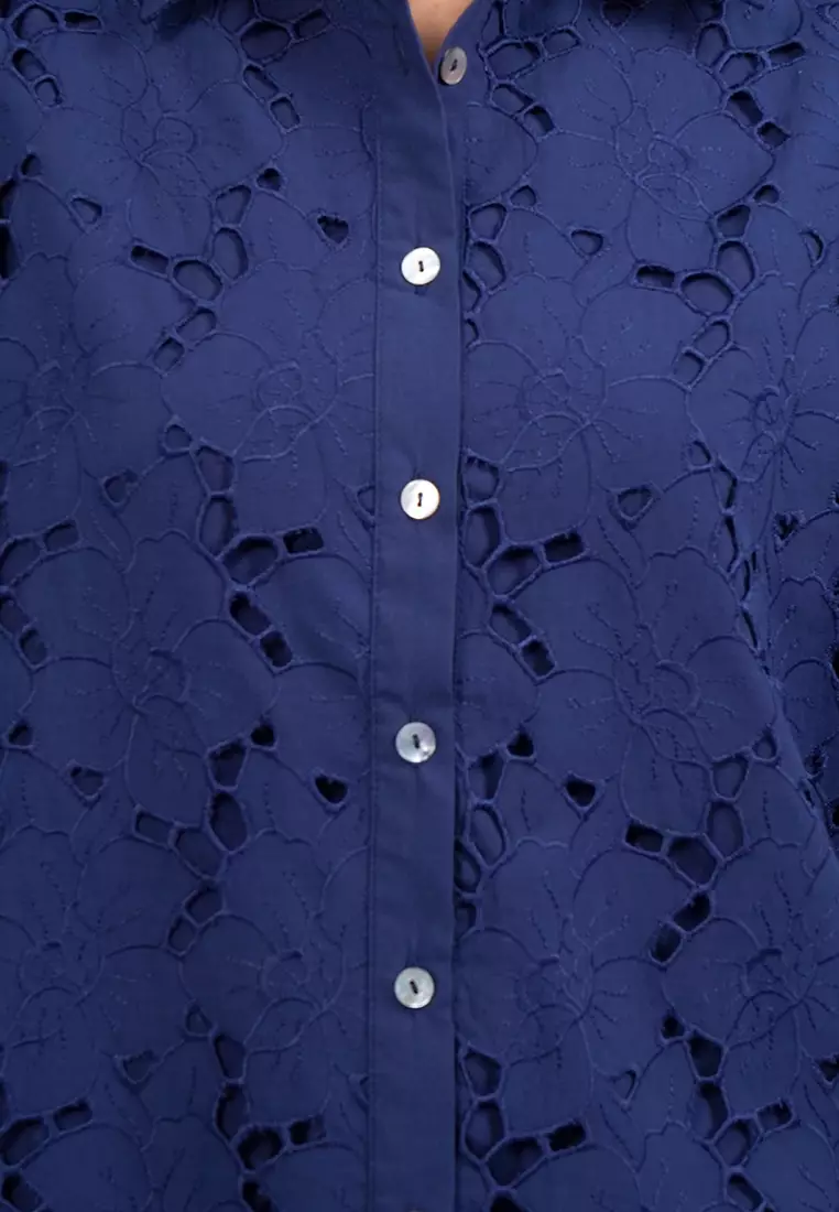 Eyelet Short Sleeve Loose Blouse NAVY