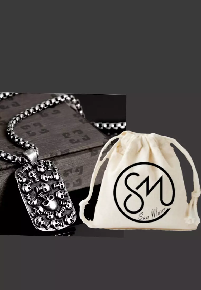 Aksesoris Pria Skull Heads Padded Tag Stainless Steel Necklace Kalung Pria Silver