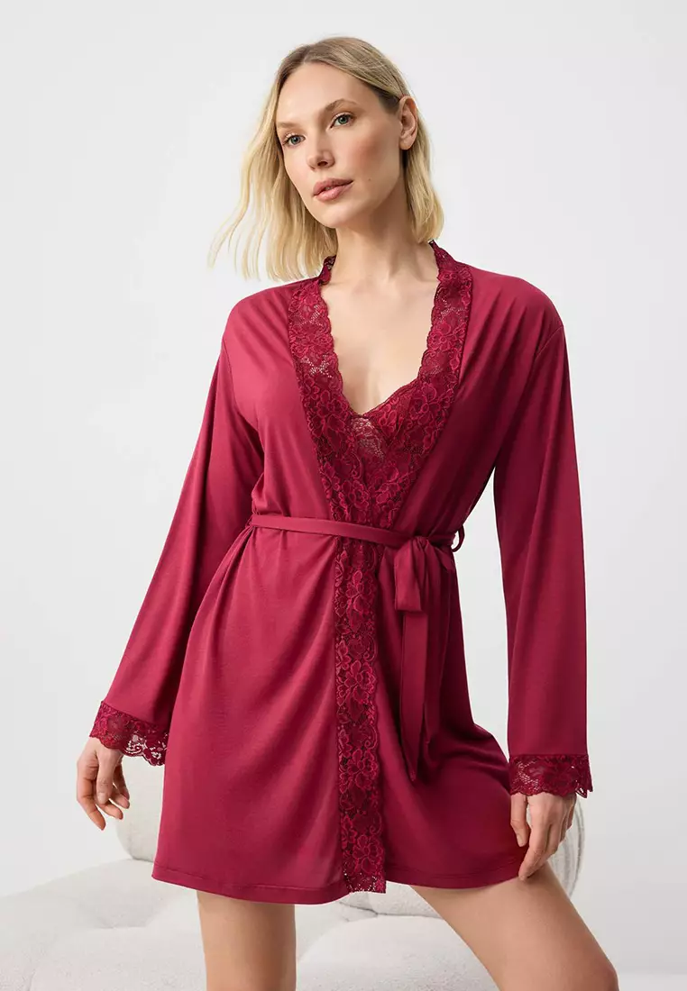 Burgundy 4-Piece Lace Detailed Dressing Gown + Nightgown + Bralet + Shorts Knitted Pajama Set Thmss26Pt93