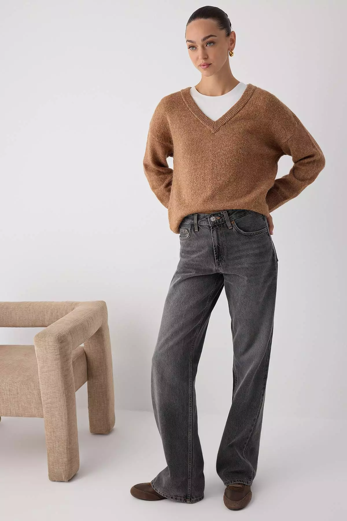 米色羊駝毛混紡闊管針織毛衣