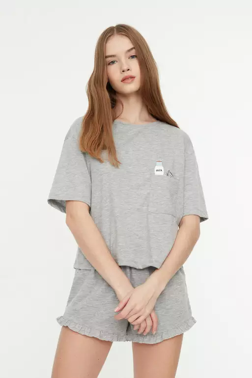 Graphic Plain with Frill Detail Pajamas Set