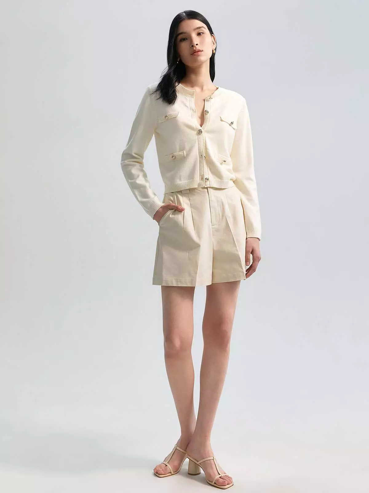 Silver Button Detail Cardigan - Cream