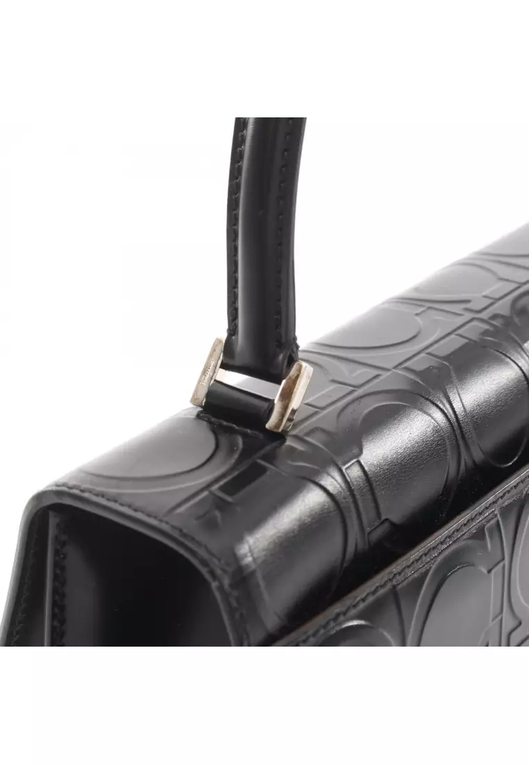 Pre-Loved Salvatore Ferragamo Gancini one shoulder bag leather black embossing