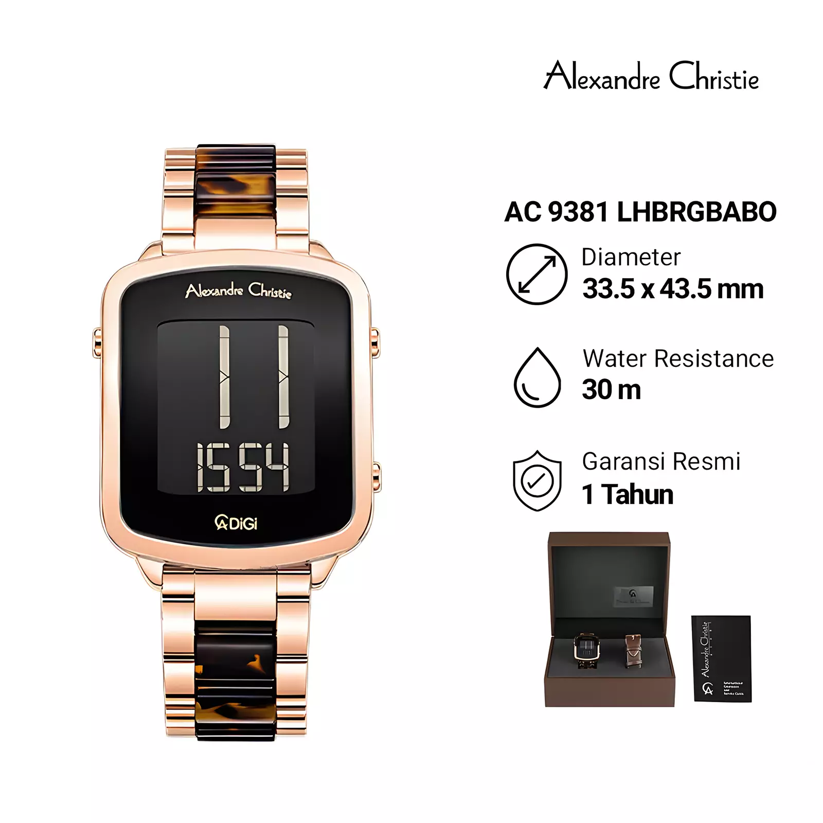 Alexandre Christie DiGi - Jam Tangan Digital Wanita - Rose Gold Brown - Stainless Steel -  9381 LHBRGBABO